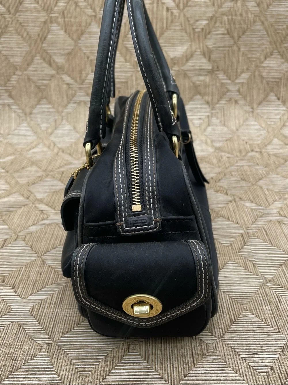 Vtg COACH Y2K Legacy Turnlock Blk Leather & Nylon Mini Boston Satchel Bag 4452